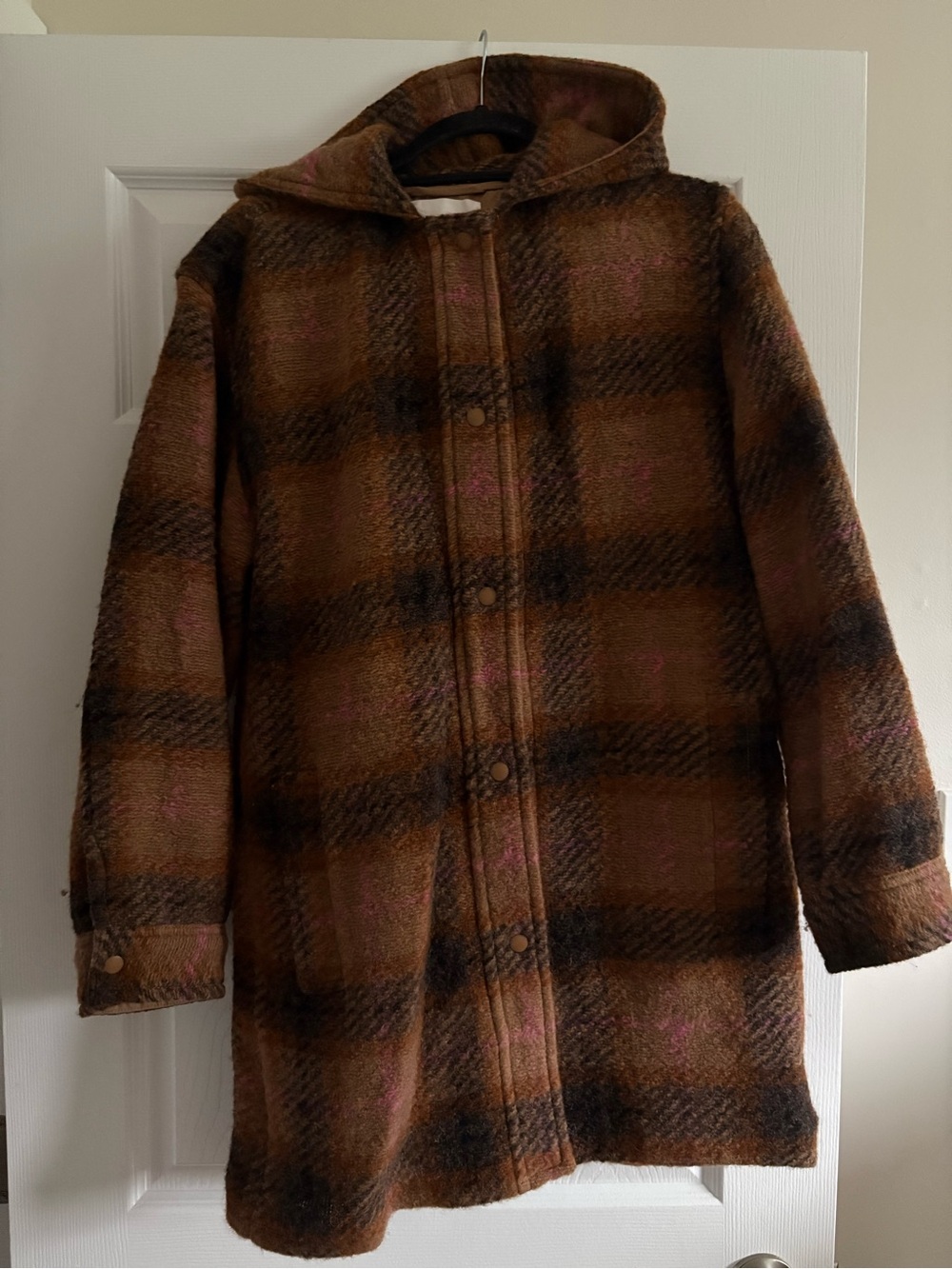 Wilfred Free plaid teddy coat Plaid Hooded Coat in Brown & Black Size Small Like